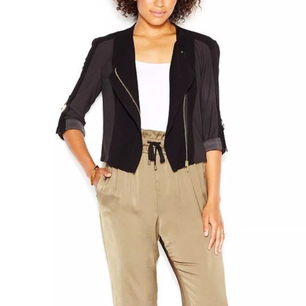 Rachel Rachel Roy Black Mixed Media Moto Style Cropped Jacket Size Medium - Picture 2 of 12
